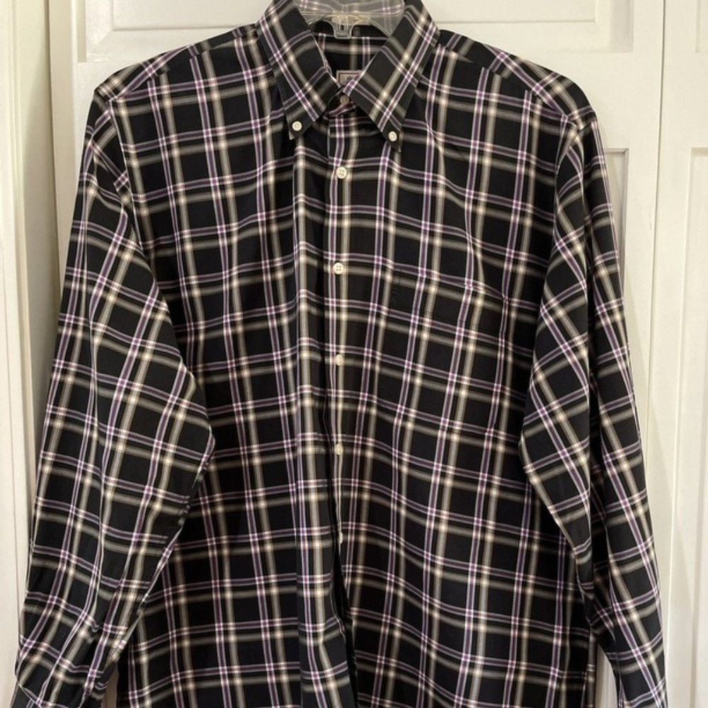 Peter Millar Button Down Shirt Mens L Long Sleeve Black Purple Tartan Plaid